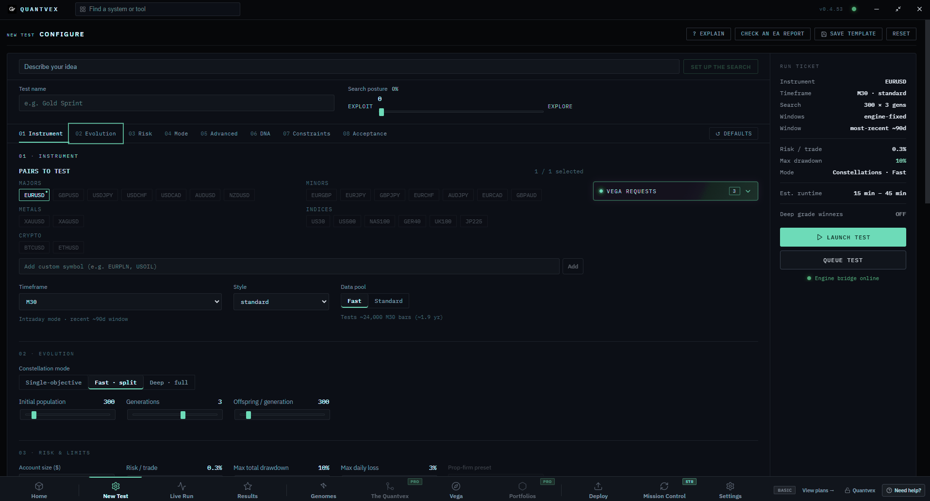 The Quantvex New Test screen: choose pairs, timeframe and data pool, set evolution and risk, with the run ticket and Launch test button on the right.