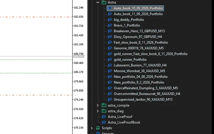 MetaTrader 5 Navigator with the Astra folder of Expert Advisors open.